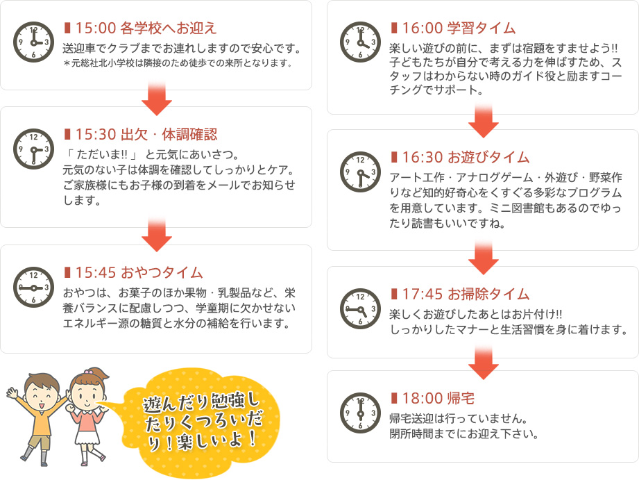 15:00 各学校へお迎え 15:30 出欠・体調確認 15:45 おやつタイム 16:00 学習タイム 16:30 お遊びタイム 17:45 お掃除タイム 18:00 帰宅