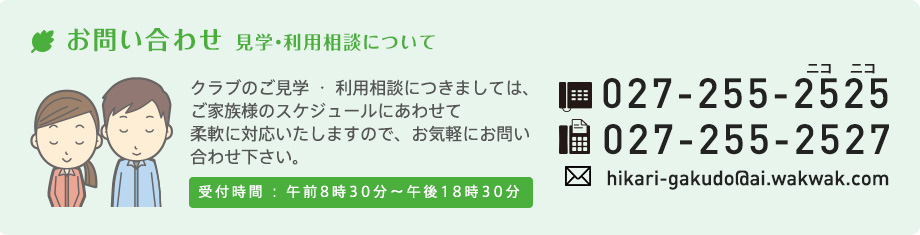 お問い合わせ Tel:027-255-2525 Fax:027-255-2527 受付時間 : 午前8時30分〜午後18時30分 メール:hikari-gakudo@ai.wakwak.com