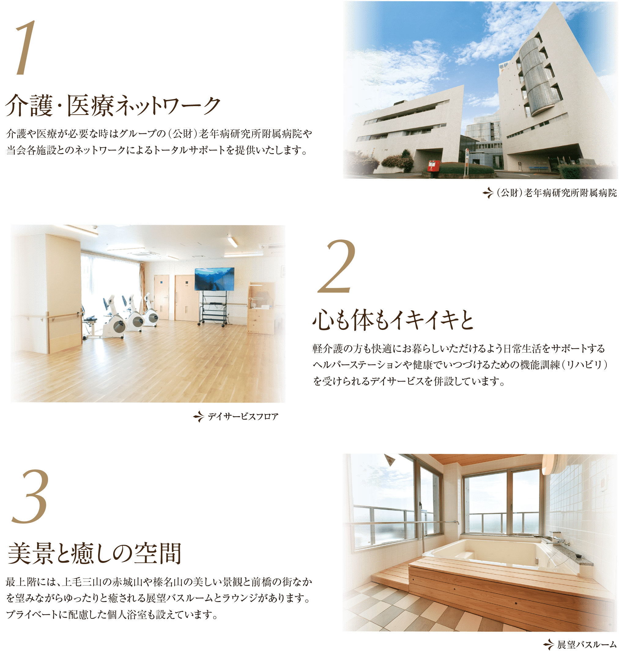 1.介護・医療ネットワーク(介護や医療が必要な時はグループの（公財）老年病研究所附属病院や当会各施設とのネットワークによるトータルサポートを提供いたします。)、2.心も体もイキイキと(軽介護の方も快適にお暮らしいただけるよう日常生活をサポートするヘルパーステーションや健康でいつづけるための機能訓練（リハビリ）を受けられるデイサービスを併設しています。)、3.美景と癒しの空間(最上階には、上毛三山の赤城山や榛名山の美しい景観と前橋の街なかを望みながらゆったりと癒される展望バスルームとラウンジがあります。プライベートに配慮した個人浴室も設えています。)