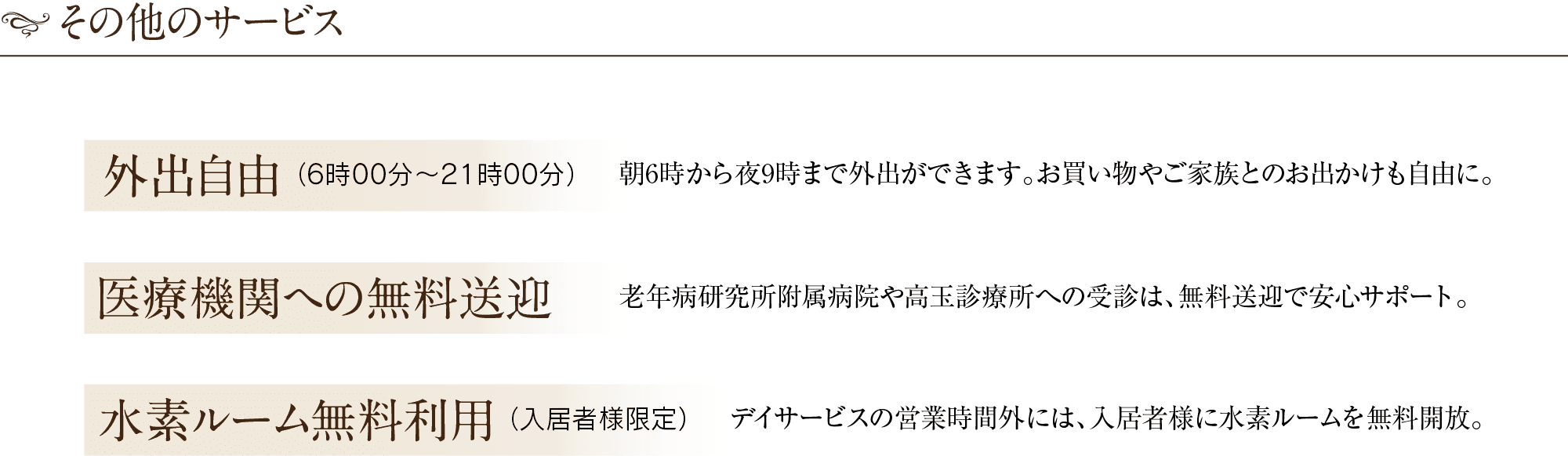 その他のサービス。外出自由（6時00分～21時00分）。朝6時から夜9時まで外出ができます。お買い物やご家族とのお出かけも自由に。医療機関への無料送迎。老年病研究所附属病院や高玉診療所への受診は、無料送迎で安心サポート。水素ルーム無料利用（入居者様限定）。デイサービスの営業時間外には、入居者様に水素ルームを無料開放。